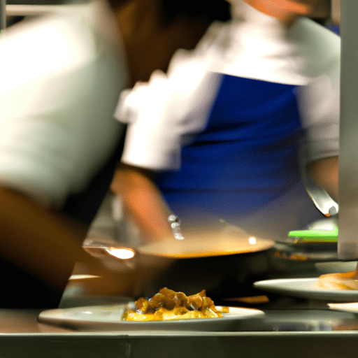 תמונה המתארת סצנת מטבח עמוסה שבה שפים מכינים במהירות מנות, ומדגישים את ההשפעה של סכינים חדות על המהירות.