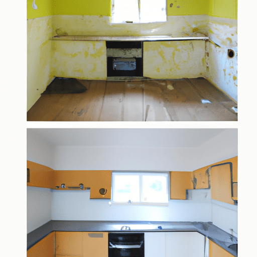 תמונה המציגה מטבח לפני ואחרי הריסה, המציגה את השינוי.