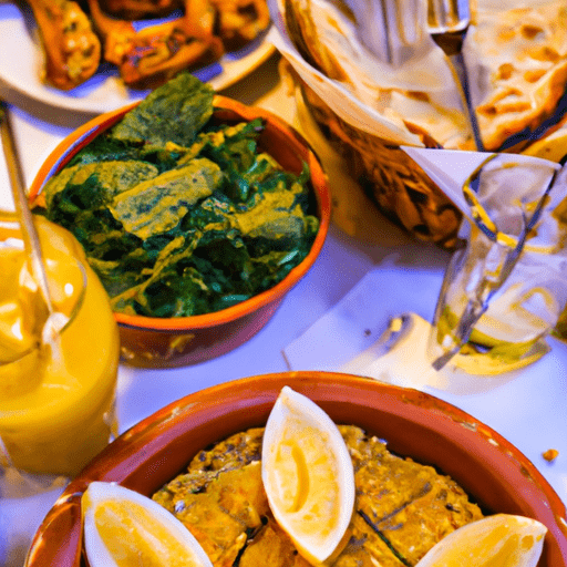 1. תמונה של מסעדה שוקקת בחיפה עם מגוון מנות מוצגות.
